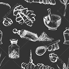 Seamless hand drawn pattern of Ginger roots, lives and flowers in chalk white color isolated on black board background