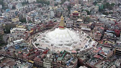 Nepal, Kathmandu. Boudhanath stupa. Aerial footage