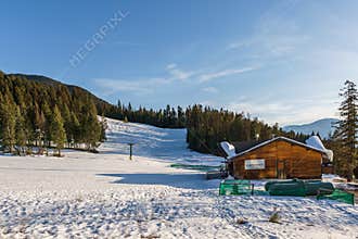 Fairmont Hot Springs, CANADA - MARCH 21, 2019: Mountain Resort view with Chairlift early spring