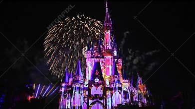Happily Ever After is Spectacular fireworks show at Cinderella`s Castle on dark night background in Magic Kingdom 1