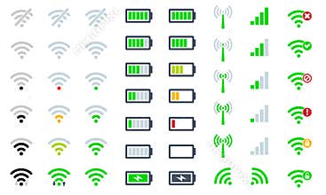 Flat Mobile phone system icons WiFi signal strength, battery charge level and symbol sign remote access and