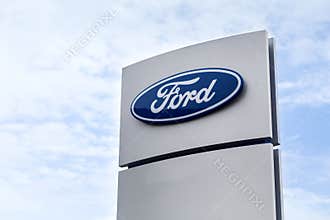 07 of August 2017 - Vinnitsa, Ukraine. Showroom of  FORD logo on a stand