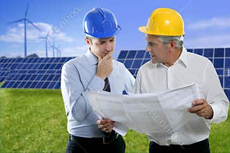 Two engineer architect plan hardhat solar plates