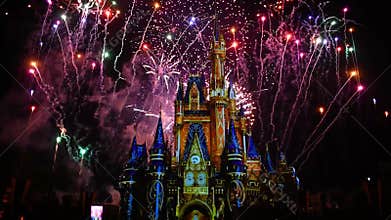 Happily Ever After is Spectacular fireworks show at Cinderella`s Castle on dark night background in Magic Kingdom 2