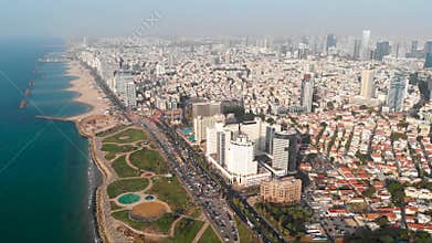 Aerial view of flight above Tel Aviv, Israel with city skyline. Epic shot over sea shore. Amazing aerial shot. flight of