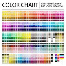 Color Chart. Print Test Page. Color Numbers or Names. RGB, CMYK, Pantone, HEX HTML codes. Vector color palette
