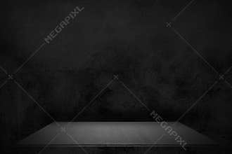 Empty black plank wood shelf at black wall product background, Mock up for display or montage of product or design