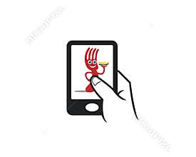Cell phone touch apps icon for fork character smiling and holding a plate with food beverages company