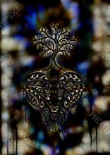 Ornamental painting of Aries, sacred animal symbol and tree of life.