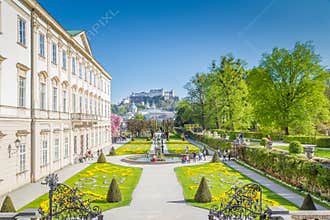 Mirabell Gardens with Hohensalzburg Fortress in Salzburg, Austria