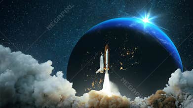 Spacecraft takes off into space. Starry sky and planet Earth with sunset. Space mission. Travels. Rocket flies to the stars.