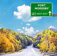 PORT MORESBY road sign against clear blue sky