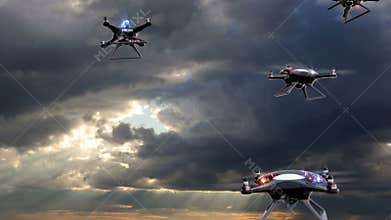 Concept of the future. Police drones take off