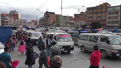 Transport traffic jam and crowd of people in El Alto