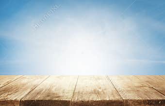 Wood Table Top Background, Empty Wooden Desk over Blue Sky