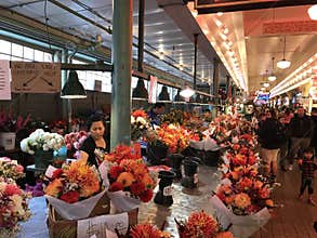 Colorful Busy Pike Place Street in Seattle, Washington State