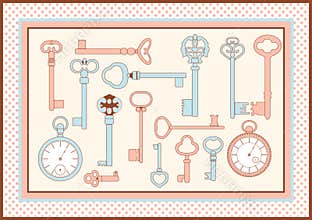Antique skeleton keys and watch card