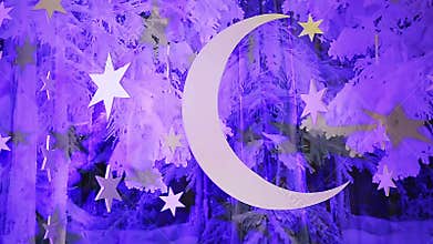 Fantastic winter night sky decorations with moon and stars, lullaby background