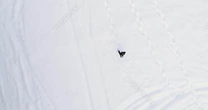 Overhead aerial top view over man walking with snowshoes on white snow covered field in winter.Europe Alps outdoor