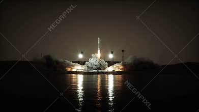 Rocket launch animation. Space launch system. Night. Realistic 4k animation.
