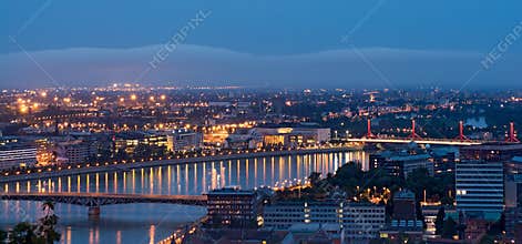 Pest side of Budapest cityscape, night view