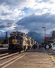 Rocky mountaineer pulling into he station, Banff National Park, Alberta, Canada