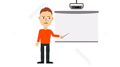 Cartoon man with pointer in presentation stand . Business lecture, seminar, report, presentation, coaching, meeting. video
