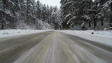 Car driving in a winter forest
