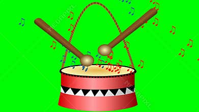 Animated drum with sticks and musical notes.Cute small red drum on green screen. Music intro, news intro.