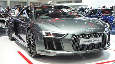 Audi R8 Coupé in Metallic Gray Displayed at Auto Show
