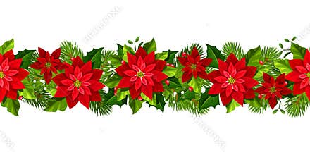 Christmas seamless garland with red poinsettia flowers. Vector illustration.