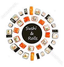 Set of sushi, maki and rolls isolated on white background