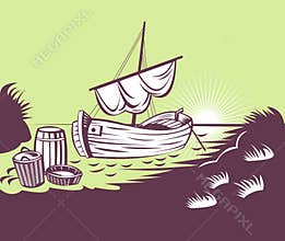 Fishing boat with basket on beach