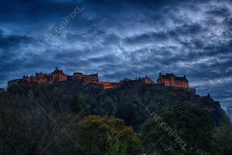 Panoramic view of Edinburgh Castle at Night