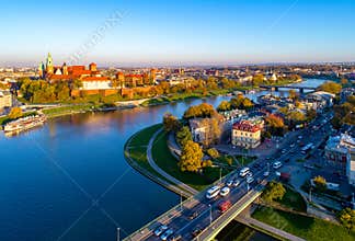 Krakow skyline, Poland, with Zamek Wawel castle and Vistula River