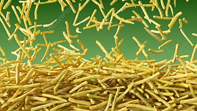 Fried potato chips fast food falling down from above green background pattern