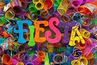 The word `fiesta` written in colorful letters with glitter and multicolored mash