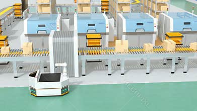 Robotic arm picking parcel from conveyor to AGV