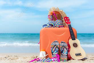 Summer traveling with old suitcase and Fashion woman swimsuit Bikini,starfish, sun glasses, hat. Travel in the holiday,