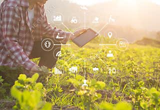 Agriculture technology farmer man using tablet computer .