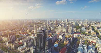 Aerial drone flight cityscape of old central town