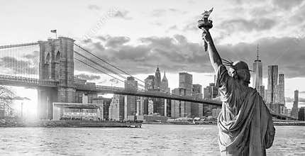 Statue Liberty and New York city skyline black and white