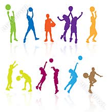 Kids Playing Basketball Silhouette Children Sport Ball Vector Colorful Active Youth Activities Jumping Fun Playground Illustration