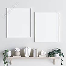 Mock up poster frame in interior background with decor on shelf