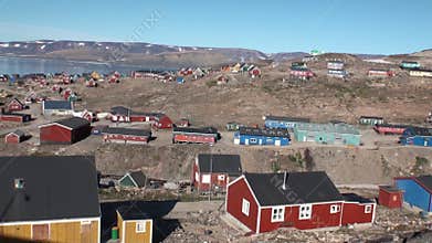Houses in the city on the shores of Arctic Ocean in Greenland. General plan.