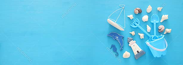 vacation and summer banner with sea life style objects and beach toys for kid.