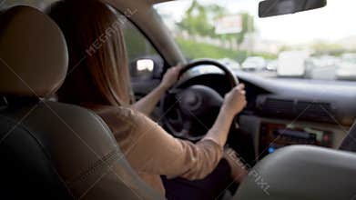 Busy business woman driving automobile, hurrying to conference. Transport