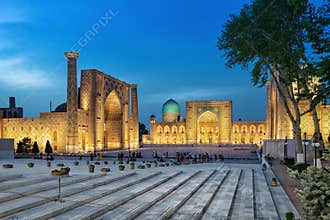 Registan square at dusk in Samarkand, Uzbekistan