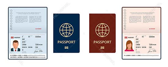 Vector Blank open passport template. International passport with sample personal data page. Document for travel and