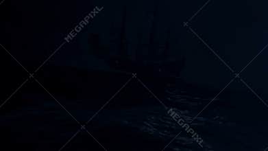 Sailing ship drifting in a middle of a big storm at sea